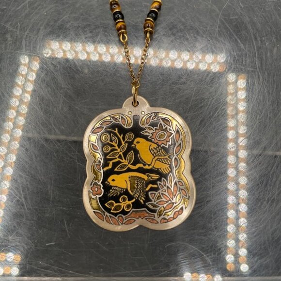 Franklin Mint Messenger of Love Square Cloisonné Bird Pendant w/ Tigers Eye Bead - Picture 2 of 6